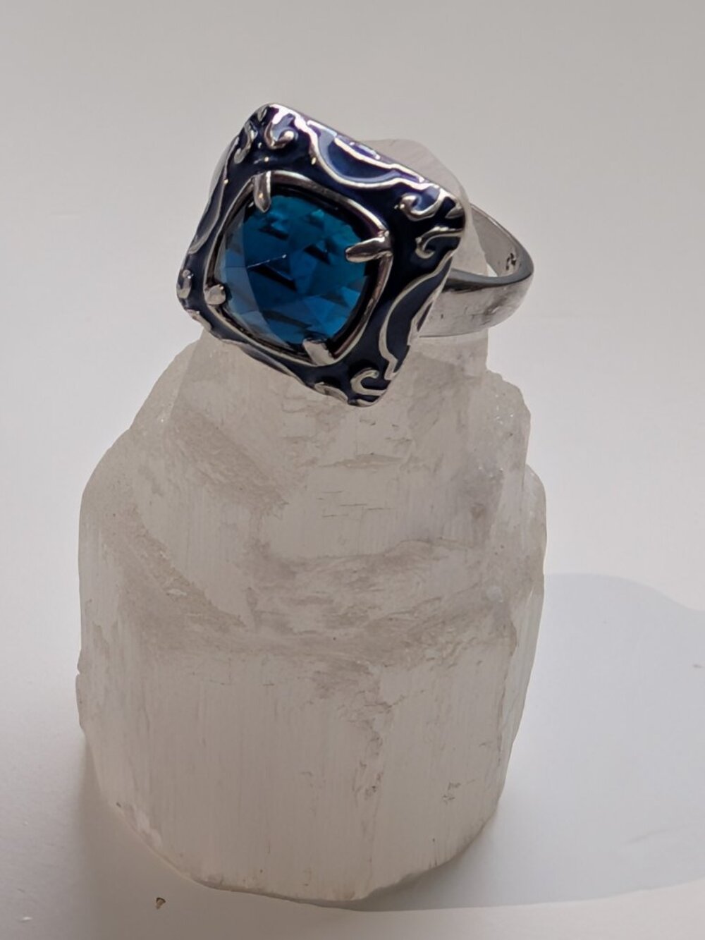Sterling Silver Cocktail Ring Square-Cut Blue London Topaz Filigree Scroll-work